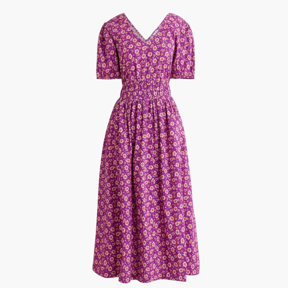 J Crew A Line Smocked Floral Midi Dress 6 Cotton Poplin Purple V Neck Pockets